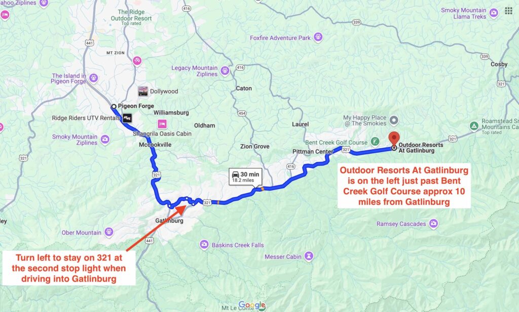 Map to Outdoor Resorts Gatlinburg from Pigeon Forge, TN