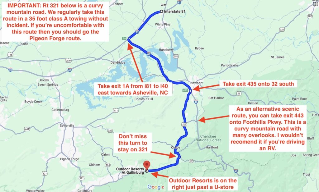 Map to Outdoor Resorts Gatlinburg from i81 north