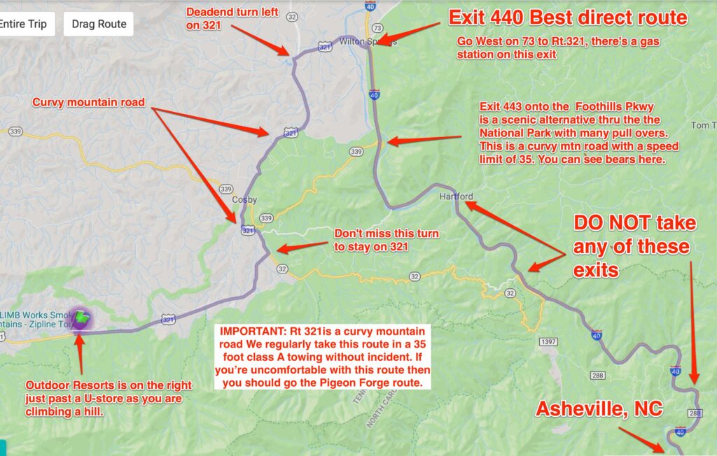 Map to Outdoor Resorts Gatlinburg from Asheville, NC