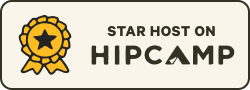 Hipcamp Star Host Badge beige background black text yellow prize ribbon